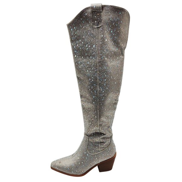 Rhinestone Embellished Silver Western Style Knee-High Boots Block Heel Size 6 - Picture 5 of 12